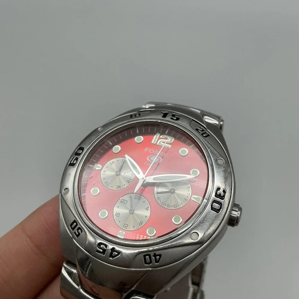 Fossil Blue Mens Watch 39mm Red Dial Stainless Steel Diver 100M New Battery 7
